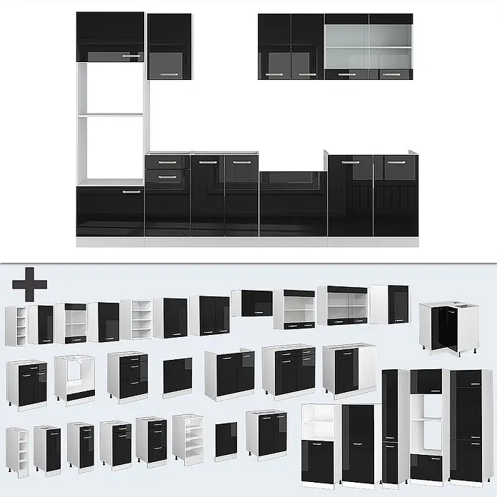 Vicco Küchenzeile R-Line Schwarz Hochglanz/Weiß mit Hochschrank, ohne Arbeitsplatte - Breite: 300 cm, Schwarz Hochglanz, Ohne Elektrogeräte - Schwarz-weiße modulare Küchenschrank-Garnitur mit Hochglanzfronten, zeigt verschiedene Unter-, Ober- und Hochschränke.