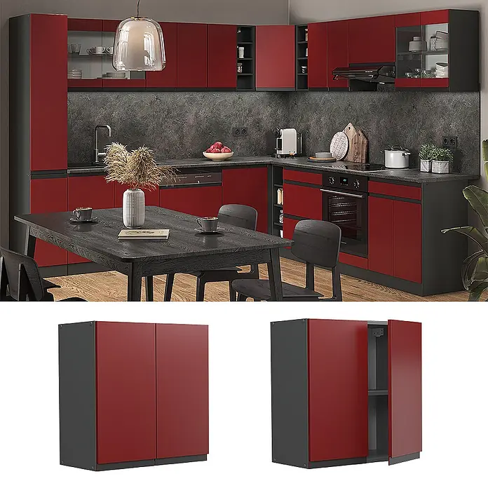 Vicco Schrankküche R-Line Rot J-Shape - Rot, Hängeschrank 60 cm grifflos - Rote und dunkelgraue Küchenschränke mit Stauraum, in einer Küche und als Einzelmodule gezeigt.