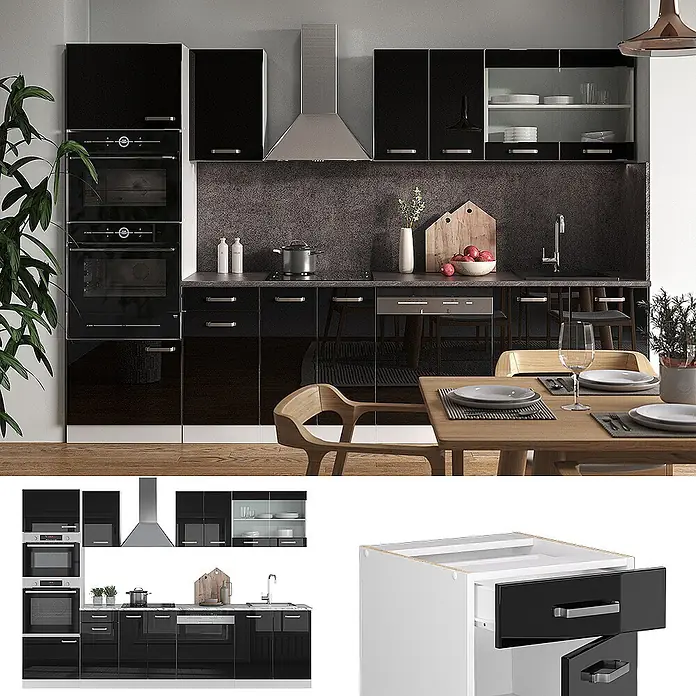 Vicco Küchenzeile R-Line Schwarz Hochglanz/Weiß mit Hochschrank, ohne Arbeitsplatte - Breite: 300 cm, Schwarz Hochglanz, Ohne Elektrogeräte - Moderne schwarze Hochglanzküchenschränke mit integrierten Geräten und Esstisch. Mit eleganten Griffen und dunkler Arbeitsplatte.