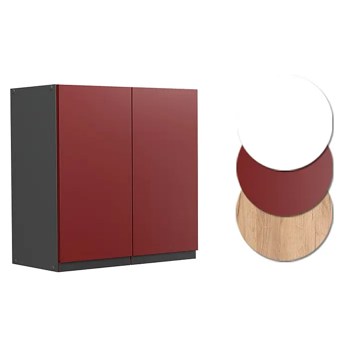 Vicco Schrankküche R-Line Rot J-Shape - Rot, Hängeschrank 60 cm grifflos - Zweitüriger Schrank mit rotbraunen Türen und dunkelgrauem Korpus, dazu Muster in Weiß, Rotbraun und Holzmaserung.