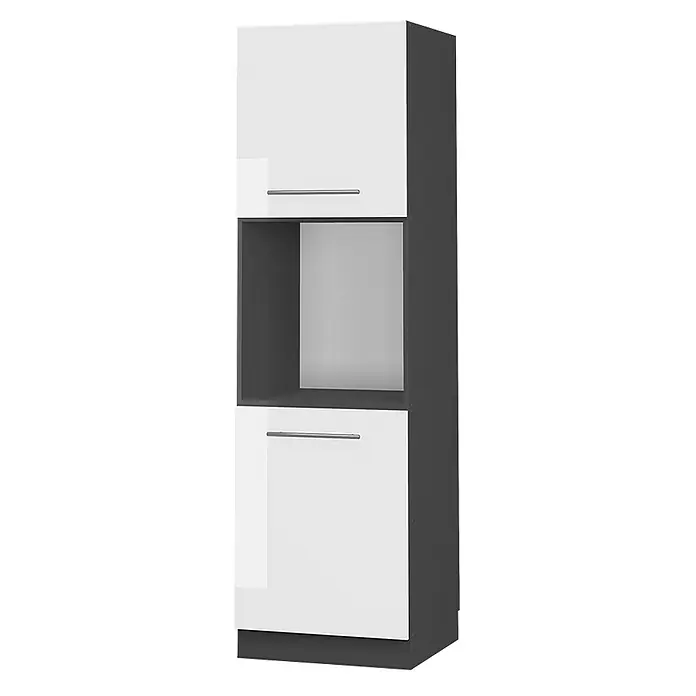 Vicco Schrankküche Fame-Line Weiß Hochglanz offen - Weiß Hochglanz, Herdumbauschrank hoch 60 cm offen - Hoher weißer und dunkelgrauer Küchenschrank mit offenem Mittelfach.