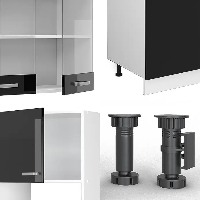 Vicco Küchenzeile R-Line Schwarz Hochglanz/Weiß mit Hochschrank, ohne Arbeitsplatte - Breite: 300 cm, Schwarz Hochglanz, Ohne Elektrogeräte - Modulare Küchenschränke mit weißen und schwarzen Hochglanzfronten, Glastüren und Griffen. Dazu verstellbare schwarze Kunststoff-Möbelfüße.