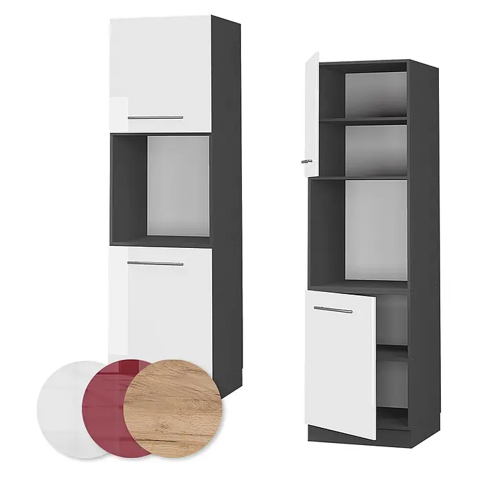 Vicco Schrankküche Fame-Line Weiß Hochglanz offen - Weiß Hochglanz, Herdumbauschrank hoch 60 cm offen - Hoher anthrazitfarbener Schrank mit weißen Türen und offenem Fach, optional in Weiß, Rot oder Holzoptik.