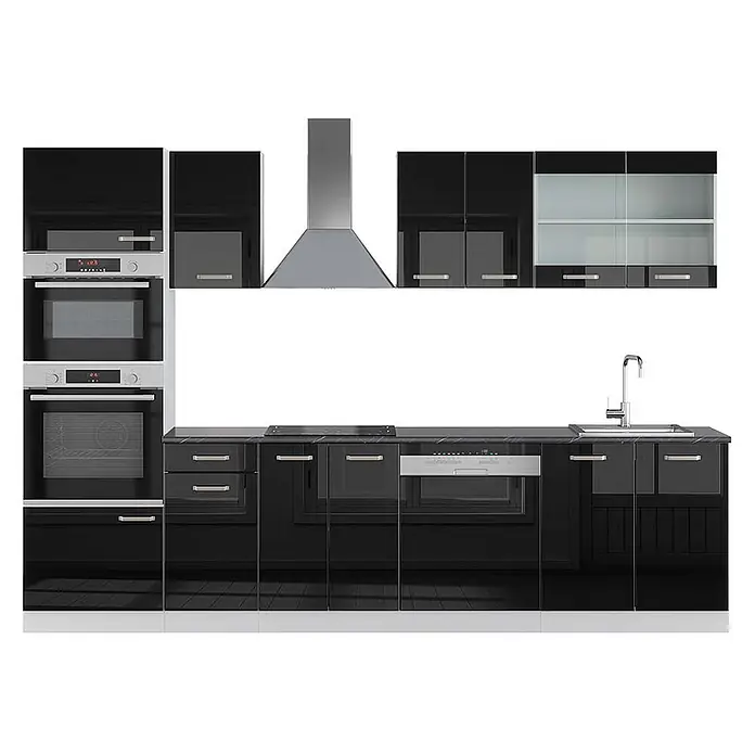 Vicco Küchenzeile R-Line Schwarz Hochglanz/Weiß mit Hochschrank, AP Anthrazit - Schwarz Hochglanz, Ohne Elektrogeräte - Moderne schwarze Hochglanzküche mit integrierten Öfen, Mikrowelle, Induktionskochfeld, Geschirrspüler, Spüle und Dunstabzugshaube.