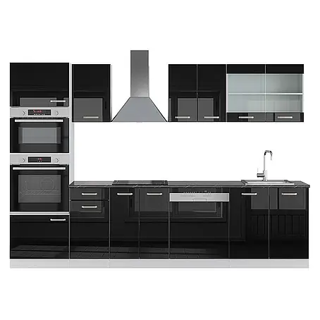 Vicco  Küchenzeile R-Line Schwarz Hochglanz/Weiß mit Hochschrank, AP Anthrazit