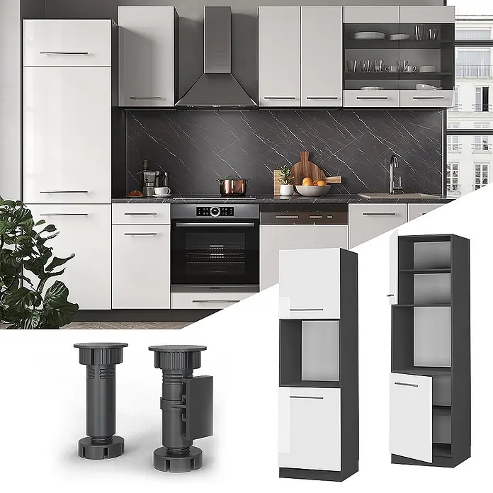 Vicco Schrankküche Fame-Line Weiß Hochglanz offen - Weiß Hochglanz, Herdumbauschrank hoch 60 cm offen - Moderne modulare Küche mit hochglanzweißen Schränken, dunkelgrauen Details und verstellbaren Füßen. Inklusive Hochschränke.