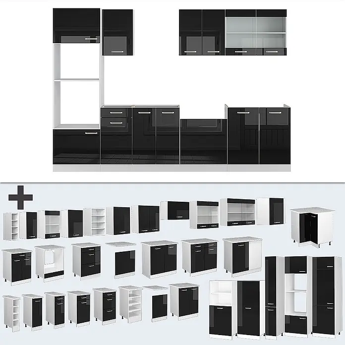 Vicco Küchenzeile R-Line Schwarz Hochglanz/Weiß mit Hochschrank, AP Eiche - Schwarz Hochglanz, Ohne Elektrogeräte - Modulare Küchenschränke mit schwarzen Hochglanzfronten und weißen Korpen, als Set und Einzelmodule dargestellt.