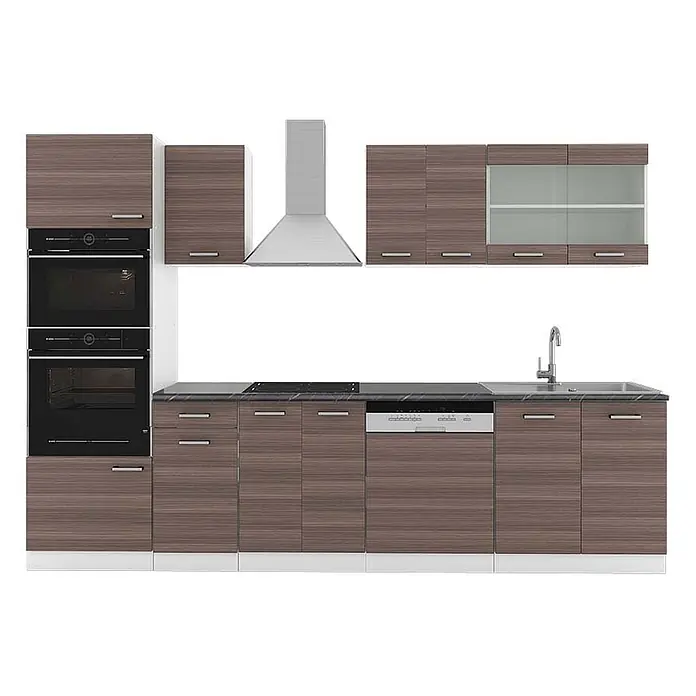Vicco Küchenzeile R-Line Edelgrau/Weiß mit Hochschrank, AP Anthrazit - Breite: 300 cm, Edelgrau, Ohne Elektrogeräte - Moderne Küche in brauner Holzoptik mit dunklen Arbeitsplatten, integrierten Öfen, Kochfeld, Spüle, Geschirrspüler und Dunstabzugshaube.