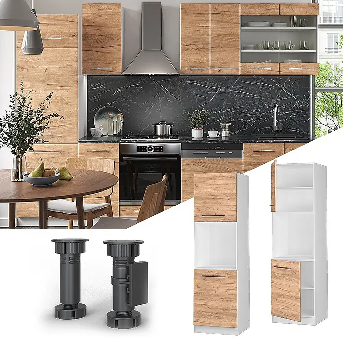Vicco Schrankküche Fame-Line Goldkraft Eiche mit offenem Regal - Goldkraft Eiche, Herdumbauschrank hoch 60 cm - Moderne Küche mit Holzoptikschränken, schwarzen Arbeitsplatten, verstellbaren Füßen und hohen weiß-holzfarbenen Schränken.
