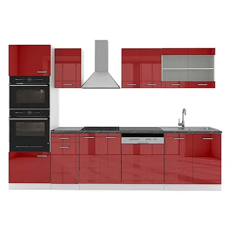 Vicco  Küchenzeile R-Line Rot Hochglanz/Weiß mit Hochschrank, AP Anthrazit