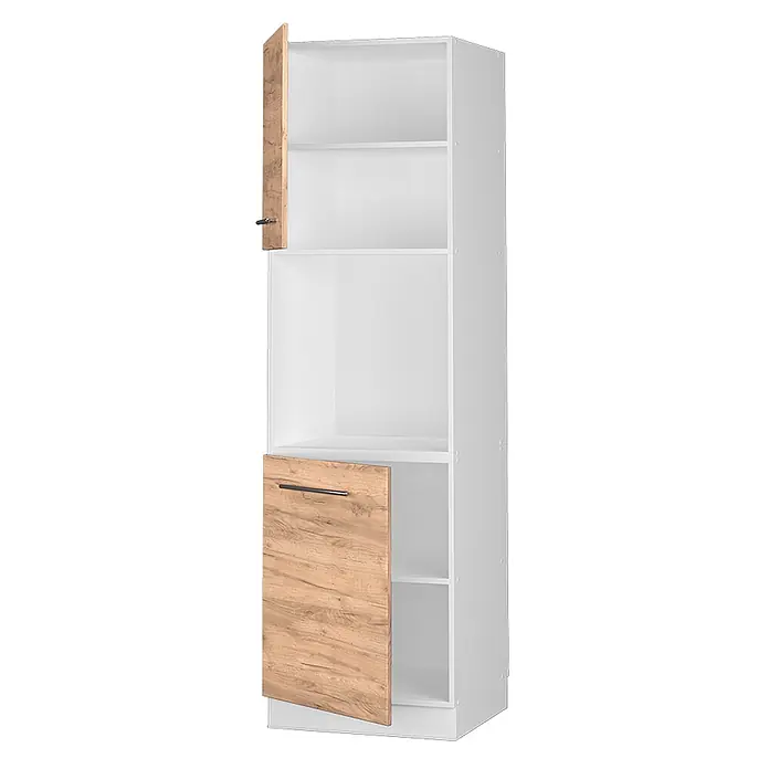 Vicco Schrankküche Fame-Line Goldkraft Eiche mit offenem Regal - Goldkraft Eiche, Herdumbauschrank hoch 60 cm - Hoher weißer Schrank mit zwei offenen Türen in heller Holzoptik und Regalen.
