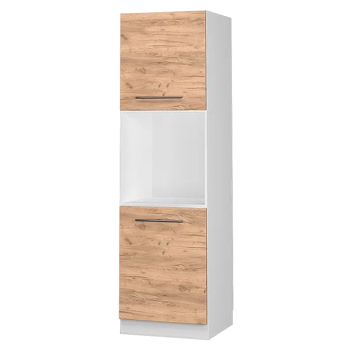 Vicco Schrankküche Fame-Line Goldkraft Eiche mit offenem Regal - Goldkraft Eiche, Herdumbauschrank hoch 60 cm - Hoher Küchenschrank mit Holzoptik-Türen, dunklen Griffen und offenem Fach für Einbaugeräte.