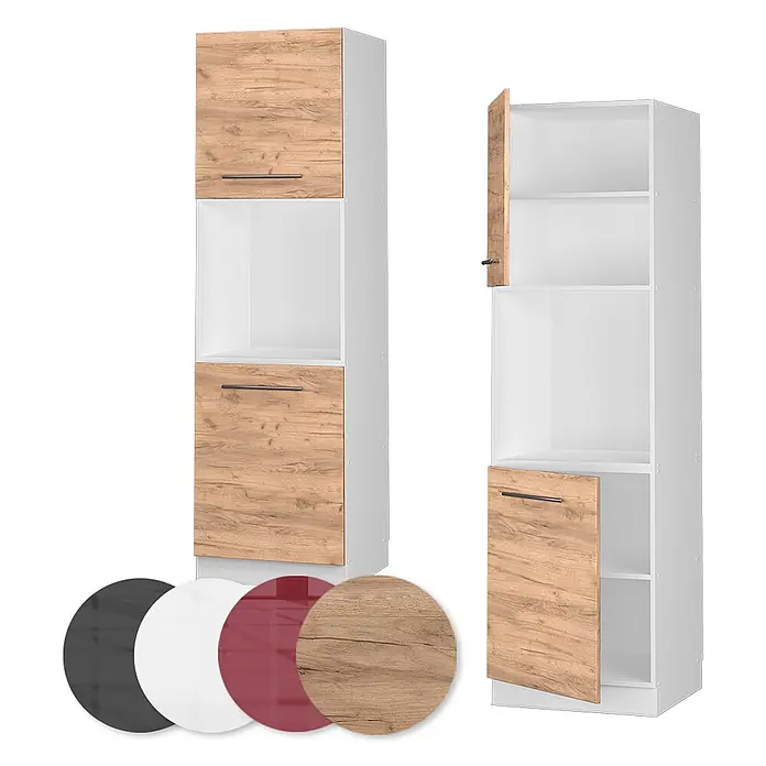 Vicco Schrankküche Fame-Line Goldkraft Eiche mit offenem Regal - Goldkraft Eiche, Herdumbauschrank hoch 60 cm - Hoher Küchenschrank mit hellen Holztüren und weißem Korpus, mit offenem Fach und Griffen. Farbmuster zeigen weitere Fronten.