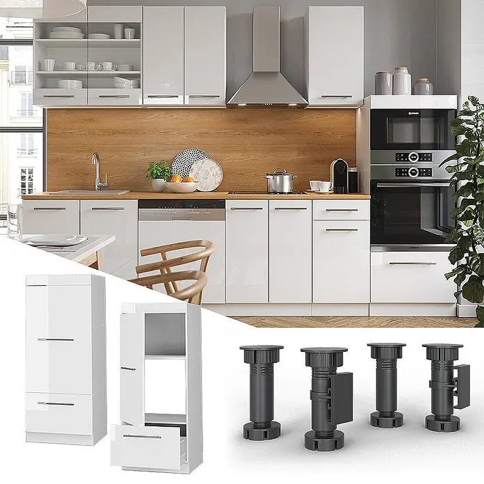 Vicco Schrankküche Fame-Line Weiß Hochglanz - Weiß Hochglanz, Mikrowellenschrank 60 cm (voll) - Weiße Hochglanzküche mit Holztheke und integrierten Geräten.