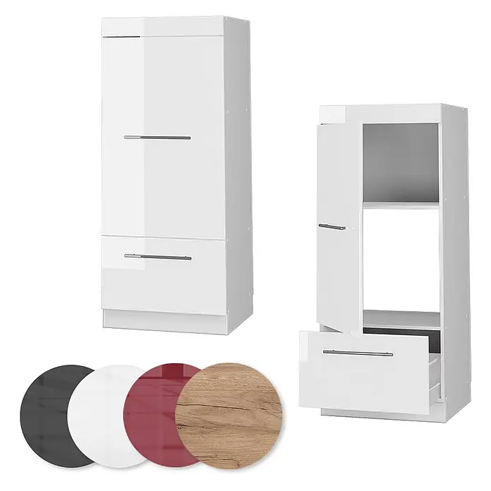 Vicco Schrankküche Fame-Line Weiß Hochglanz - Weiß Hochglanz, Mikrowellenschrank 60 cm (voll) - Weißer Hochglanz Hochschrank mit Türen, Regalen und einer Schublade. Farboptionen darunter.