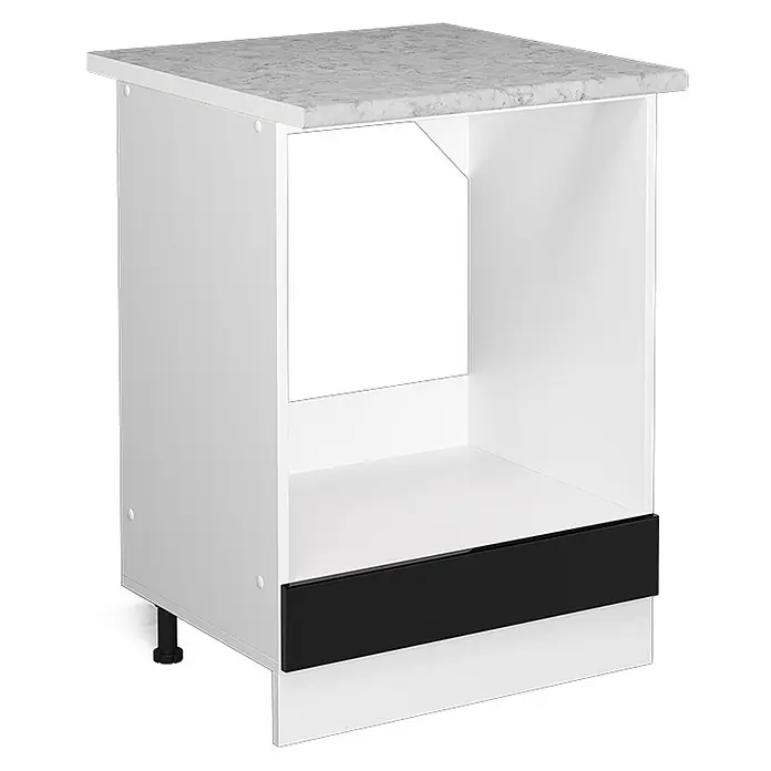 Vicco Herdumbauschrank R-Line, Schwarz Hochglanz, 60 cm -  - Weißer Küchenunterschrank mit grauer Marmor-Effekt-Arbeitsplatte, offener Nische und schwarzer Sockelblende.