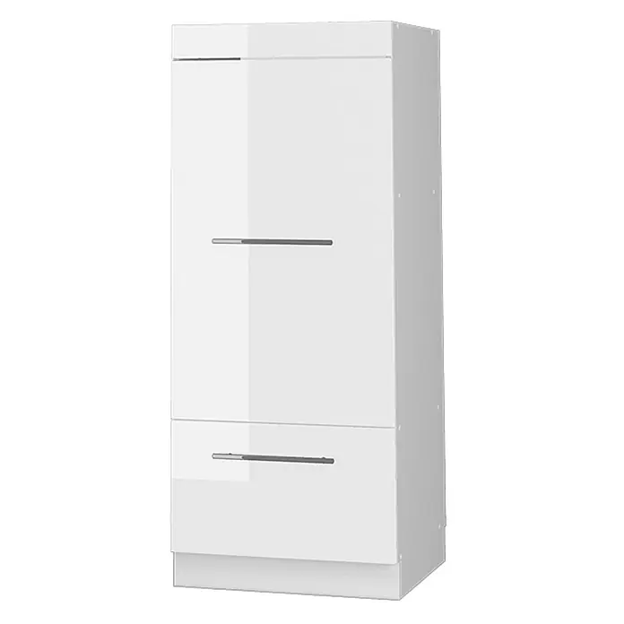 Vicco Schrankküche Fame-Line Weiß Hochglanz - Weiß Hochglanz, Mikrowellenschrank 60 cm (voll) - Weißer Hochglanz-Hochschrank mit zwei silbernen Stangengriffen.