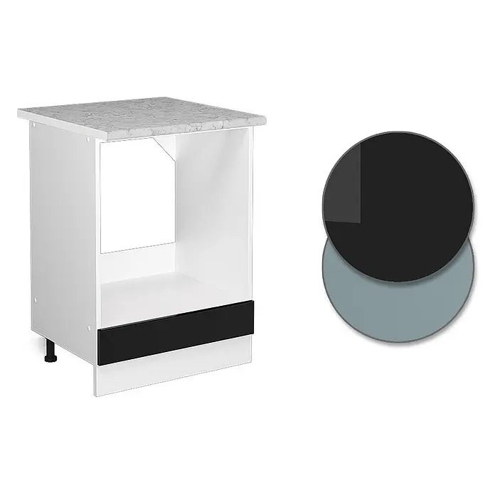 Vicco Herdumbauschrank R-Line, Schwarz Hochglanz, 60 cm -  - Weißer Küchenunterschrank für Geräte mit schwarzer Schublade und grauer Arbeitsplatte in Marmoroptik.