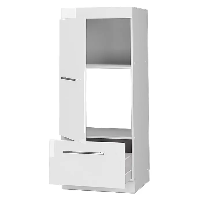 Vicco Schrankküche Fame-Line Weiß Hochglanz - Weiß Hochglanz, Mikrowellenschrank 60 cm (voll) - Weißer Hochschrank mit offener Tür und Schublade, beide mit Metallgriffen, der Stauraum zeigt.