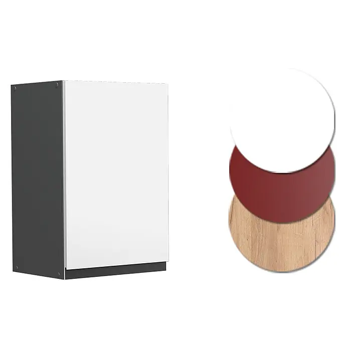 Vicco Schrankküche R-Line Weiß J-Shape - Weiß, Hängeschrank 40 cm grifflos - Weißer Schrank mit dunkelgrauen Seiten und Sockel. Farbmuster für Weiß, Dunkelrot und helles Holz.