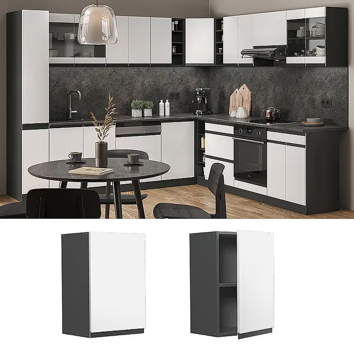 Vicco Schrankküche R-Line Weiß J-Shape - Weiß, Hängeschrank 40 cm grifflos - Moderne L-förmige Küche mit dunkelgrau-weißen Schränken und integrierten Geräten, funktional und stilvoll gestaltet.