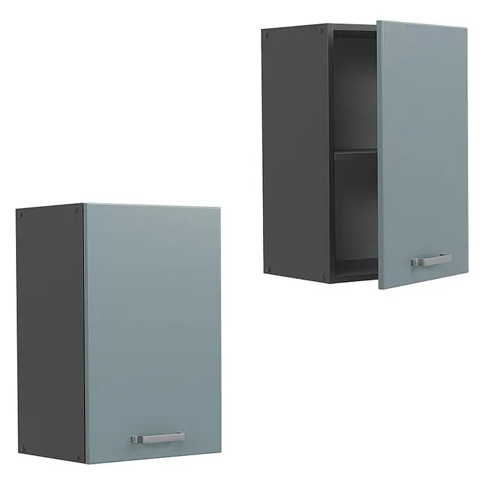 Vicco Schrankküche R-Line Blau-Grau - Blau-Grau, Hängeschrank 40 cm - Zwei Hängeschränke, einer geschlossen, einer offen mit Regal. Dunkelgrauer Korpus, hellblau-graue Türen mit silbernen Griffen.