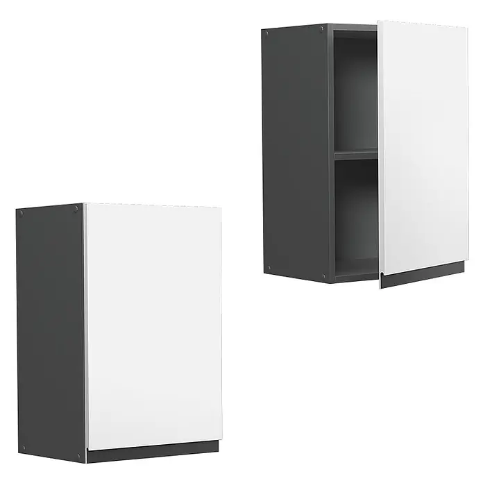Vicco Schrankküche R-Line Weiß J-Shape - Weiß, Hängeschrank 40 cm grifflos - Zwei modulare Schränke, dunkelgrau mit weißen Türen, einer offen mit einem Regalboden.