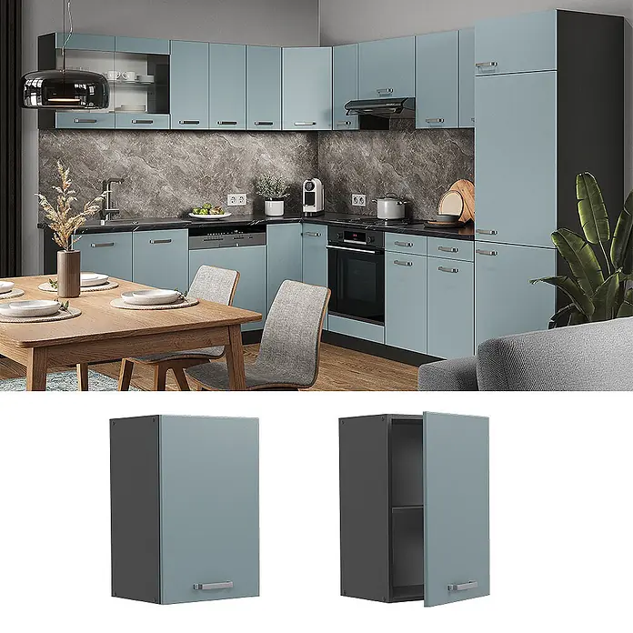 Vicco Schrankküche R-Line Blau-Grau - Blau-Grau, Hängeschrank 40 cm - Moderne Küche mit hellblauen Schrankfronten und dunkelgrauen Elementen, bestehend aus Ober- und Unterschränken.