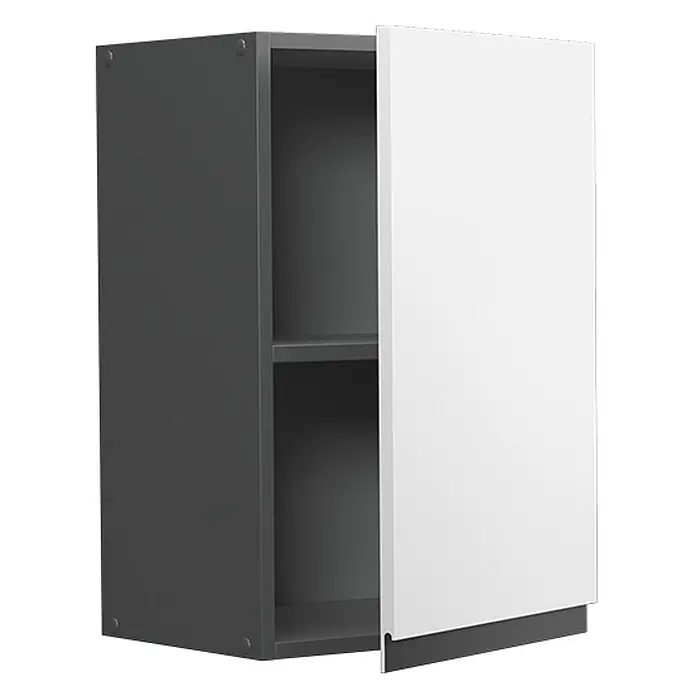 Vicco Schrankküche R-Line Weiß J-Shape - Weiß, Hängeschrank 40 cm grifflos - Dunkelgrauer Wandschrank mit leicht geöffneter weißer Tür, die ein Innenregal zeigt. Die Tür hat einen integrierten Griff.