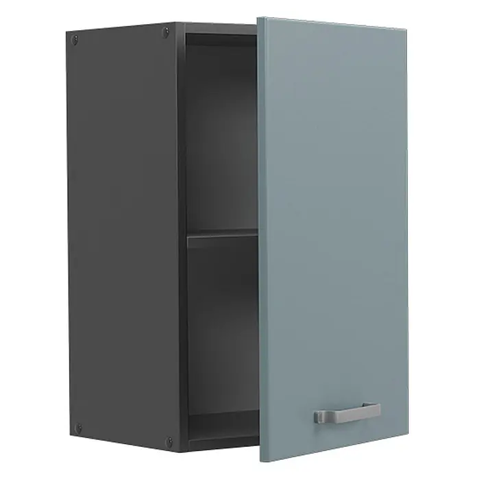 Vicco Schrankküche R-Line Blau-Grau - Blau-Grau, Hängeschrank 40 cm - Dunkelgrauer Wandschrank mit hellblau-grauer offener Tür und Innenregal.