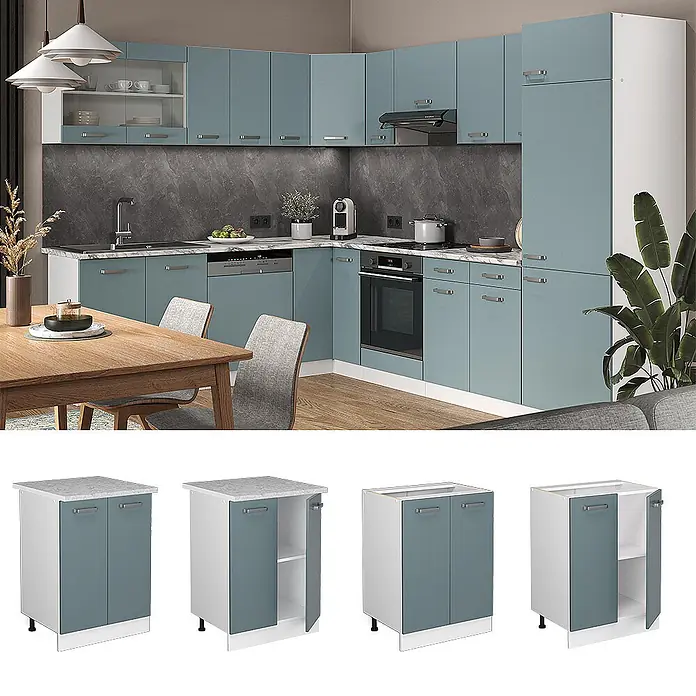 Vicco Schrankküche R-Line Blau-Grau ohne Arbeitsplatte - Blau-Grau, Unterschrank 60 cm - Moderne L-förmige Küchenschrank-Garnitur in Blau-Grau mit weißen Rahmen und dunkler Arbeitsplatte, inkl. Detailansichten der Unterschränke.