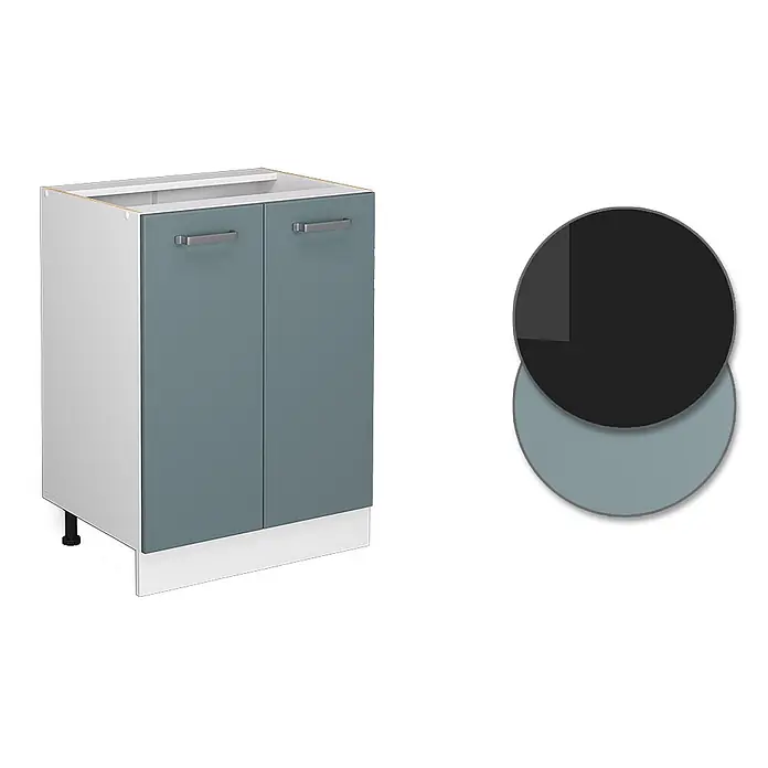 Vicco Schrankküche R-Line Blau-Grau ohne Arbeitsplatte - Blau-Grau, Unterschrank 60 cm - Zweitüriger Küchenunterschrank mit weißem Korpus, staubblauen Türen und silberfarbenen Griffen, auf verstellbaren Füßen.
