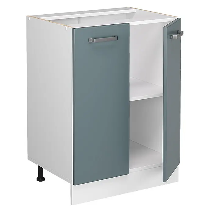 Vicco Schrankküche R-Line Blau-Grau ohne Arbeitsplatte - Blau-Grau, Unterschrank 60 cm - Weißer Küchenunterschrank mit zwei grauen Türen, silbernen Griffen und einem Einlegeboden.