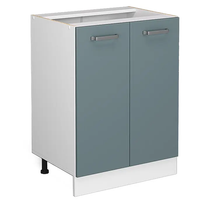 Vicco Schrankküche R-Line Blau-Grau ohne Arbeitsplatte - Blau-Grau, Unterschrank 60 cm - Weißer Unterschrank mit zwei petrolfarbenen Türen und silbernen Griffen, mit weißer Sockelleiste.