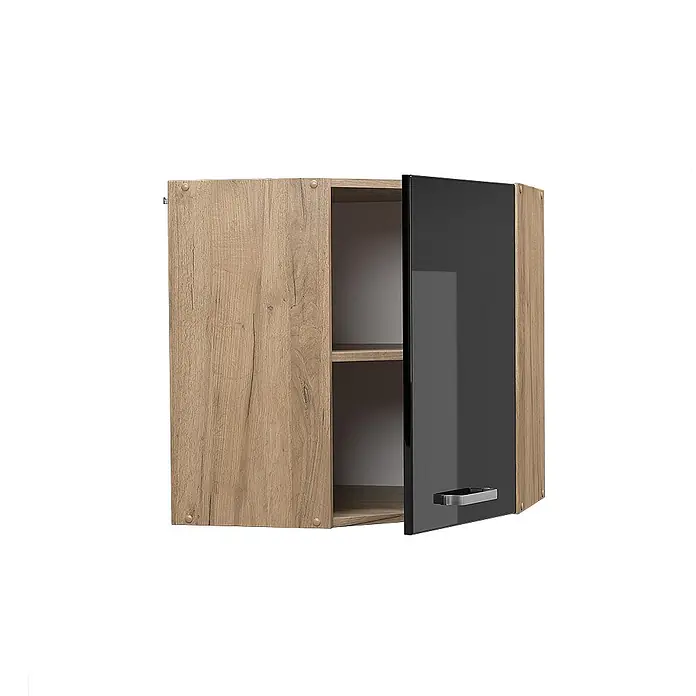 Vicco Schrankküche R-Line Schwarz Hochglanz - Schwarz Hochglanz, Eckhängeschrank 57 cm - Hängeschrank aus Holz mit schwarzer Hochglanztür, leicht geöffnet, zeigt zwei Innenfächer.