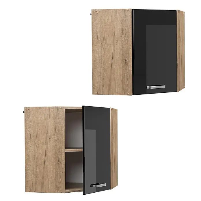 Vicco Schrankküche R-Line Schwarz Hochglanz - Schwarz Hochglanz, Eckhängeschrank 57 cm - Eckhängeschrank in heller Holzoptik mit schwarzer Hochglanztür und silbernem Griff, geschlossen und offen mit Regalböden.