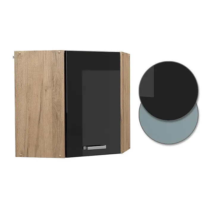 Vicco Schrankküche R-Line Schwarz Hochglanz - Schwarz Hochglanz, Eckhängeschrank 57 cm - Wandschrank mit hellen Holzseiten und schwarzer Hochglanztür mit silbernem Griff.