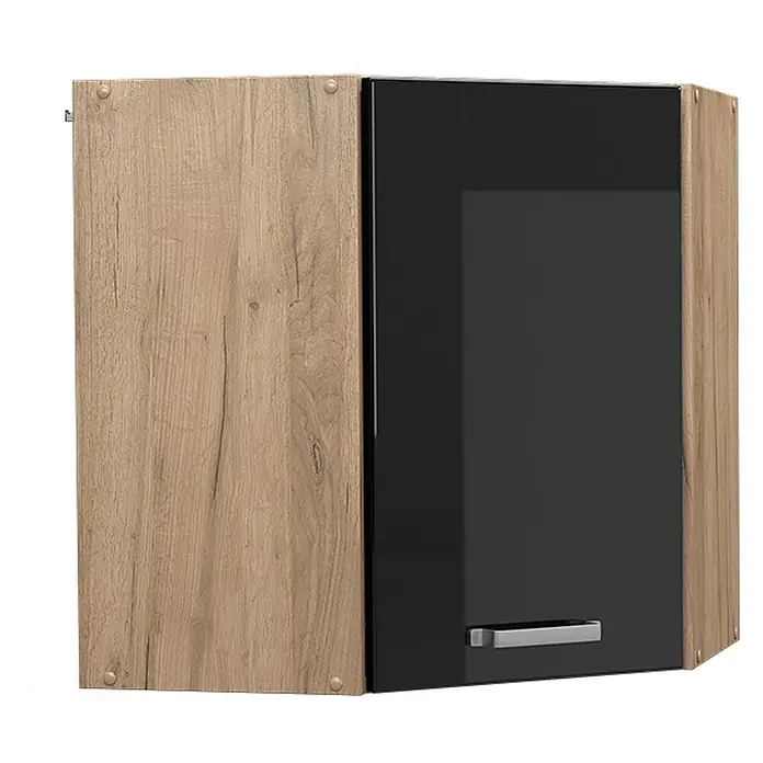 Vicco Schrankküche R-Line Schwarz Hochglanz - Schwarz Hochglanz, Eckhängeschrank 57 cm - Hängeschrank mit hellem Holzmaserungsrahmen und schwarzer Hochglanztür mit silbernem Griff.