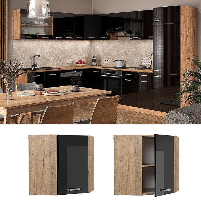Vicco Schrankküche R-Line Schwarz Hochglanz - Schwarz Hochglanz, Eckhängeschrank 57 cm - Moderne Küche mit hochglänzendem Schwarz und Holzoptik-Oberschrank. Kompakter Schrank offen mit Regalböden gezeigt.