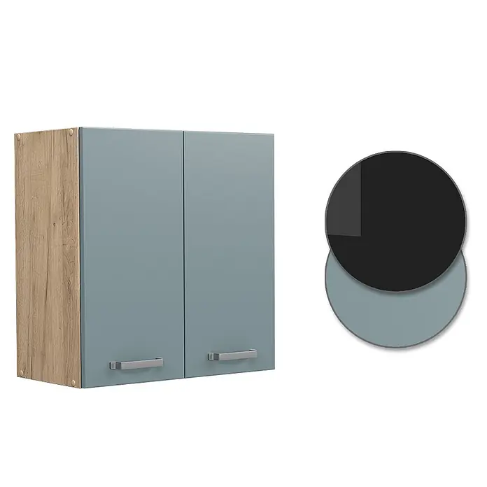 Vicco Schrankküche R-Line Blau-Grau - Blau-Grau, Hängeschrank 60 cm - Zweitüriger Hängeschrank mit heller Holzmaserung und blaugrauen Türen mit silbernen Griffen.