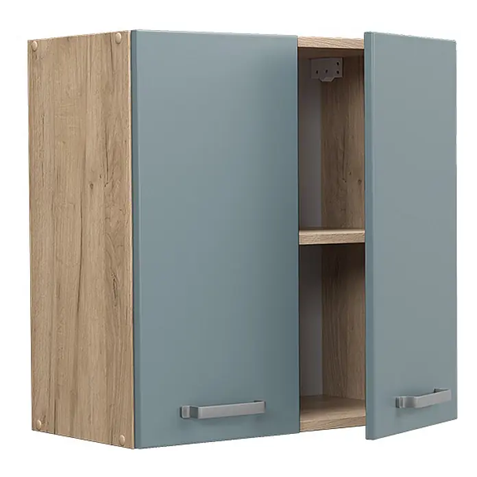 Vicco Schrankküche R-Line Blau-Grau - Blau-Grau, Hängeschrank 60 cm - Hängeschrank in Holzoptik mit zwei blaugrauen Türen und einem Einlegeboden.