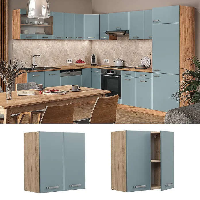 Vicco Schrankküche R-Line Blau-Grau - Blau-Grau, Hängeschrank 60 cm - Hellblauer Küchenwandschrank mit Holz-Optik-Seiten, in einer modernen, funktionalen Küche ausgestellt.
