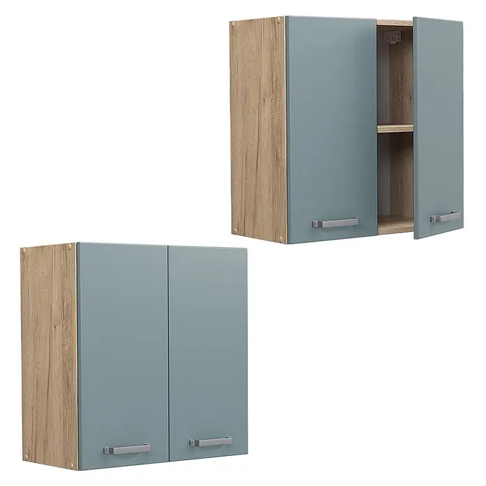 Vicco Schrankküche R-Line Blau-Grau - Blau-Grau, Hängeschrank 60 cm - Zwei moderne Küchenhängeschränke mit Holzoptikseiten und blaugrauen Türen, einer offen mit Regal.