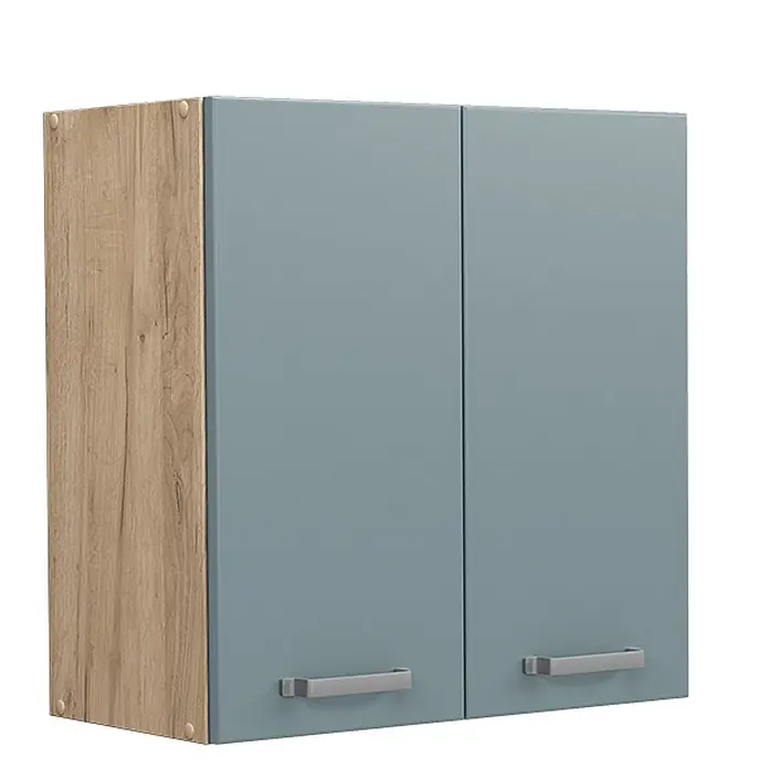Vicco Schrankküche R-Line Blau-Grau - Blau-Grau, Hängeschrank 60 cm - Zweitüriger Hängeschrank mit heller Holzoptik-Seitenwand, blaugrauen Fronten und silbernen Griffen.