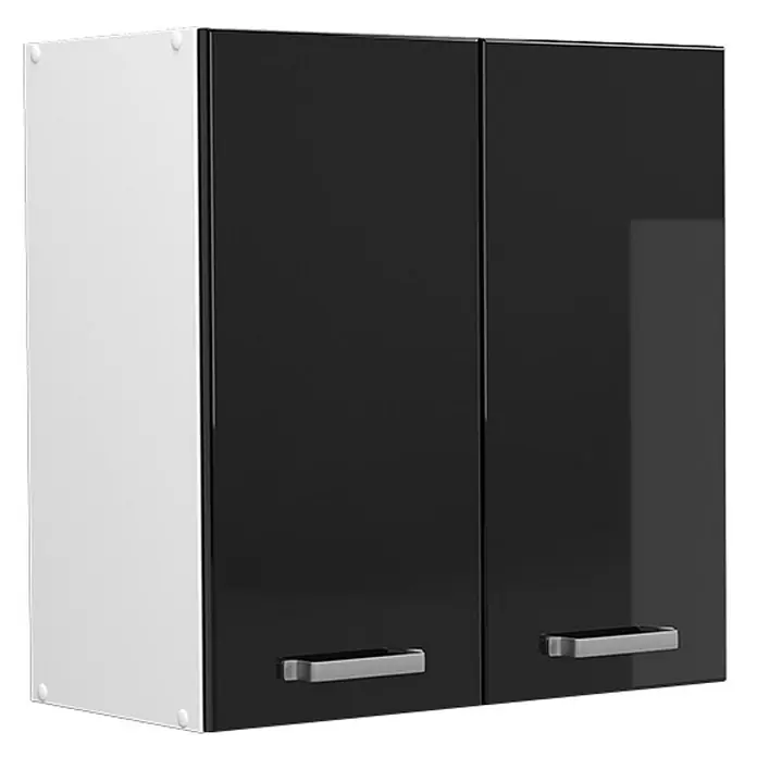 Vicco Hängeschrank R-Line, Schwarz Hochglanz, 60 cm -  - Zweitüriger Wandschrank mit hochglänzenden schwarzen Türen, weißer Seitenwand und silbernen Griffen.