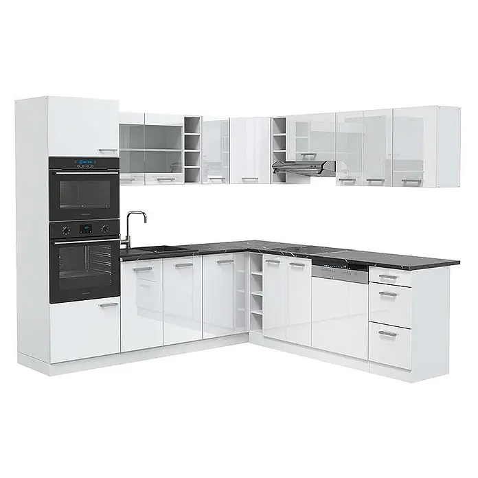 Vicco Eckküche R-Line Weiß Hochglanz/Weiß, AP Anthrazit - B x T: 247 x 60 cm, Weiß Hochglanz, Ohne Elektrogeräte - L-förmige moderne weiße Hochglanzküche mit dunkler Arbeitsplatte, integrierten Öfen, Spüle, Kochfeld und Geschirrspüler.
