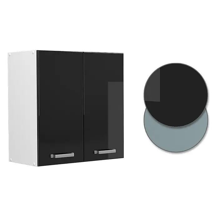 Vicco Hängeschrank R-Line, Schwarz Hochglanz, 60 cm -  - Zweitüriger Hängeschrank mit weißen Seiten, schwarzen Hochglanztüren und silbernen Griffen.