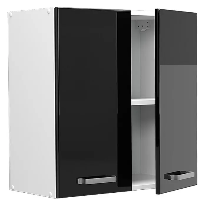 Vicco Hängeschrank R-Line, Schwarz Hochglanz, 60 cm -  - Weißer Küchenwandschrank mit hochglanzschwarzen Türen und silbernen Griffen. Eine Tür ist offen und zeigt ein Innenregal.