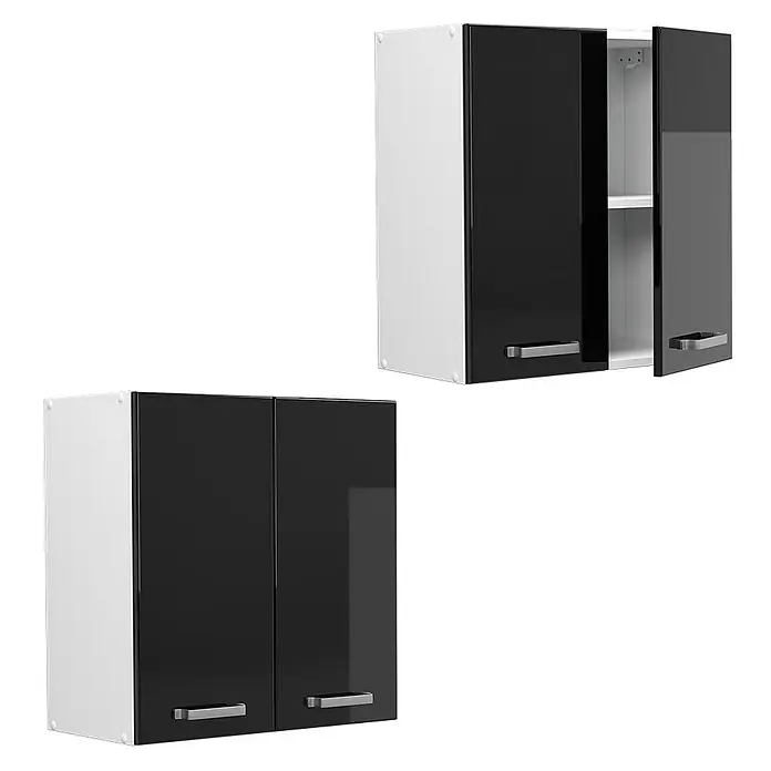Vicco Hängeschrank R-Line, Schwarz Hochglanz, 60 cm -  - Zwei moderne Küchenhängeschränke, einer offen mit Regal, beide mit glänzend schwarzen Fronten und weißem Korpus.