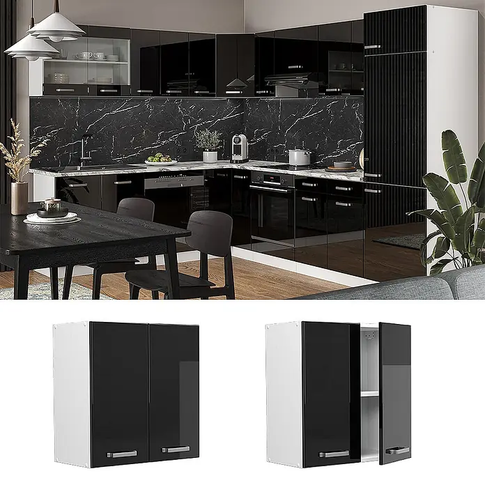 Vicco Hängeschrank R-Line, Schwarz Hochglanz, 60 cm -  - Moderne schwarze Küchenschränke mit Hochglanzfronten und weißen Seitenwänden in einer kompletten Kücheneinrichtung.